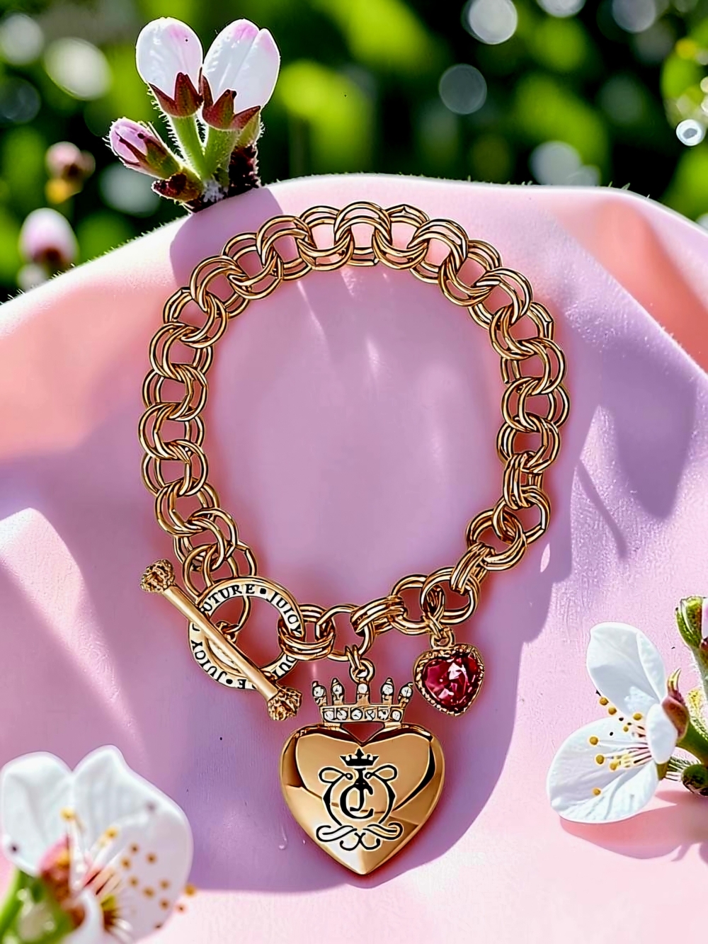Juicy Couture Toggle Womens Pink Crystal Crown Heart Charm Bracelet New In Box